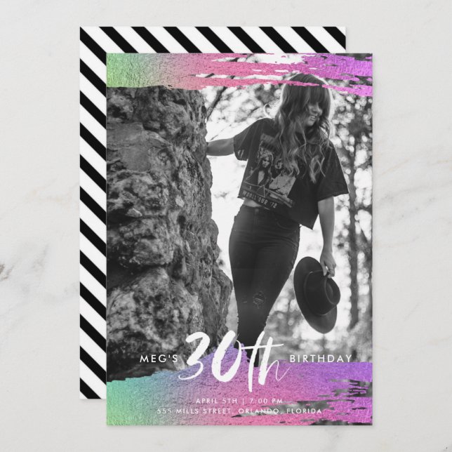 Invitation Photographie noir coloré blanc 30e anniversaire (Devant / Derrière)