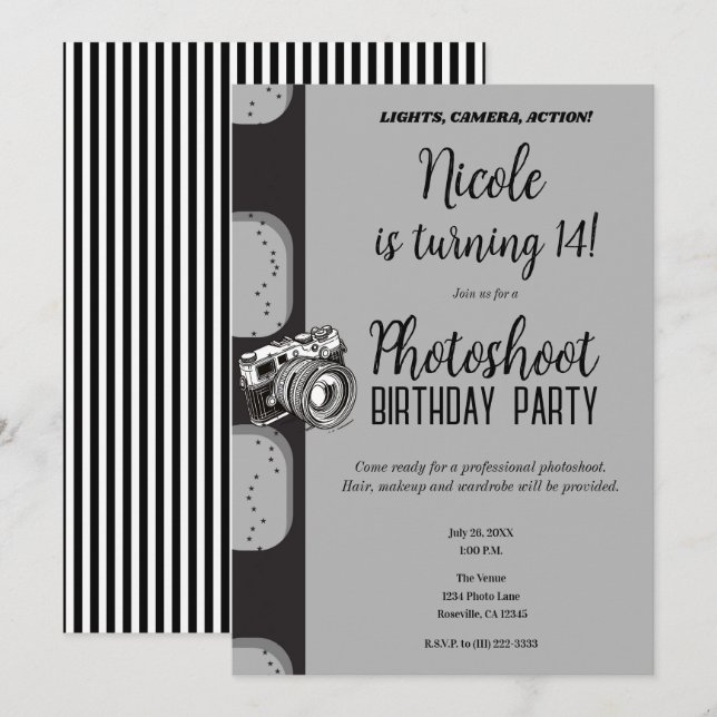 Invitation Photographie noir gris fête d'anniversaire (Devant / Derrière)