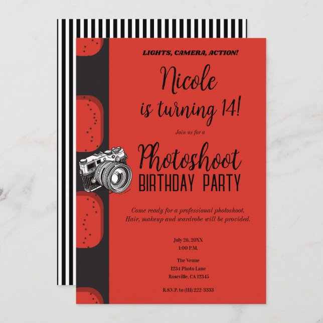 Invitation Photographie noir rouge fête d'anniversaire (Devant / Derrière)