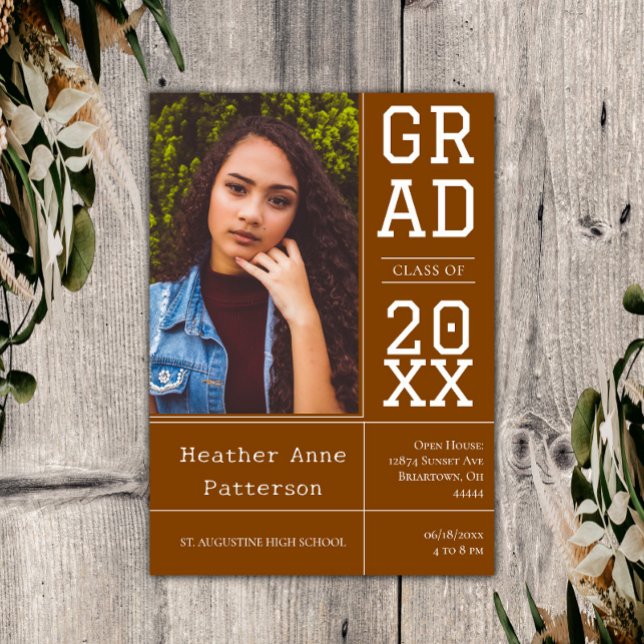 Invitation Photographie Open House | Orange brûlé (Burnt Orange Photo Graduation Open House Invitation)