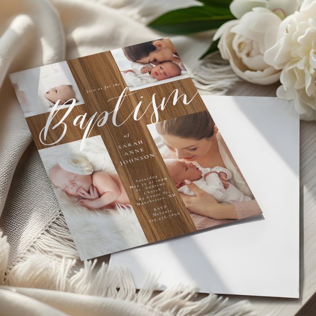 Invitation Photomontage de calligraphie Baptême de bébé Croix (Calligraphy Photo Collage Baby Baptism Wood Cross Invitation)