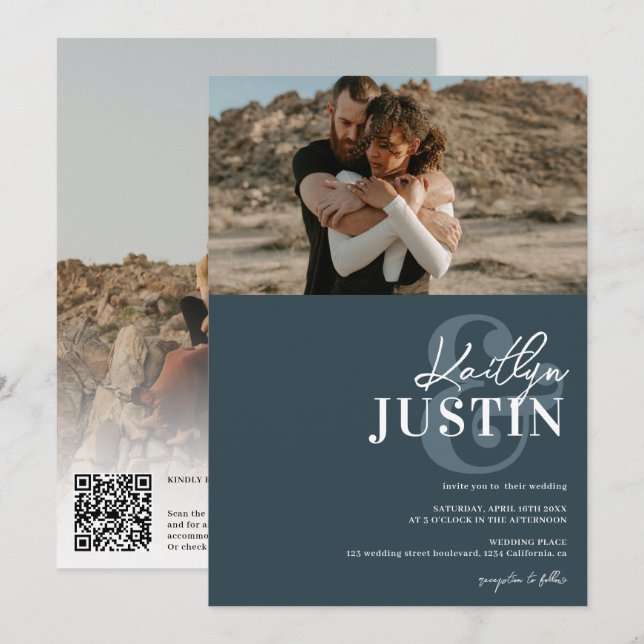 Invitation Photos bold noms calligraphie bleu poussiéreux mar (Devant / Derrière)