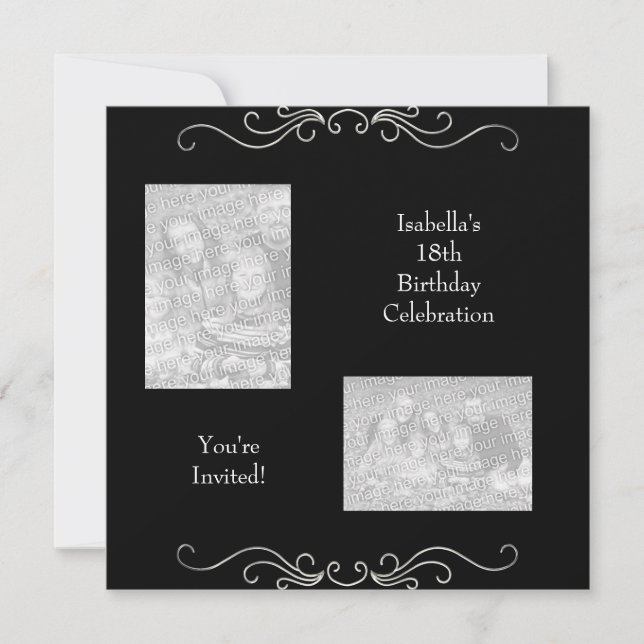 Invitation Photos de 18 ans avec garniture noire et argentée (Devant)