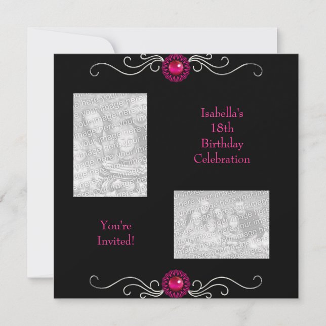 Invitation Photos de 18 ans avec strass noir argent rose (Devant)