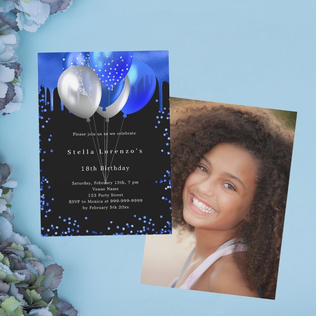 Invitation Photos de ballons bleu royal noir (Créateur téléchargé)