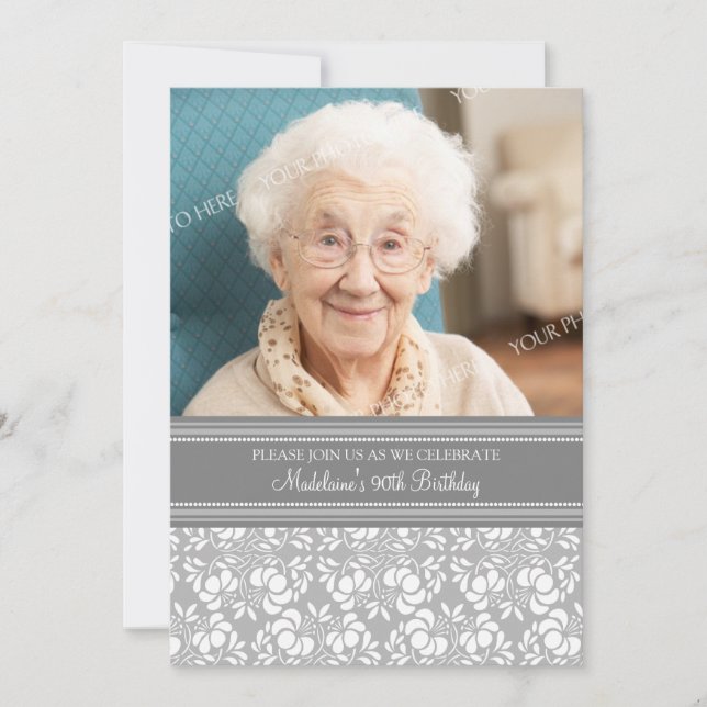 Invitation Photos de Gray Damask 90th Birthday Party Invitati (Devant)