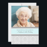 Invitation Photos de Gray Damask 90th Birthday Party Invitati<br><div class="desc">Photo personnalisée Invitations à la fête du 90e anniversaire dans élégante motif vintage couleur pastel bleu ciel,  gris et blanc classique à motifs floraux. Ajoutez votre nom,  votre photo et les détails de votre fête d'anniversaire pour une invitation unique et élégante.</div>