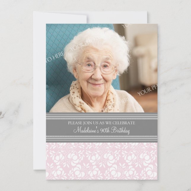 Invitation Photos de Gray Damask 90th Birthday Party Invitati (Devant)