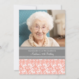 Invitation Photos de Gray Damask 90th Birthday Party Invitati