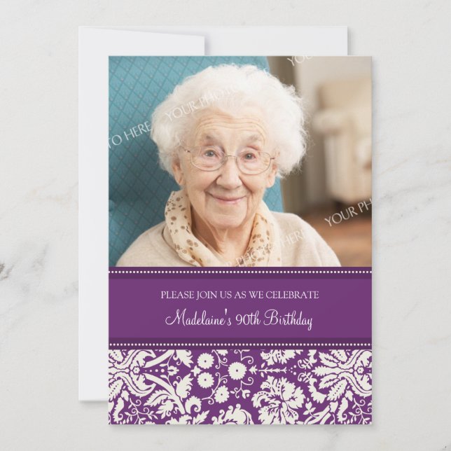 Invitation Photos de Plum Damask 90th Birthday Party Invitati (Devant)