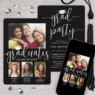 Invitation Photos de triple graduation Black & White Joint Pa