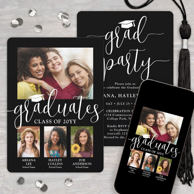 Invitation Photos de triple graduation Black & White Joint Pa (Créateur téléchargé)