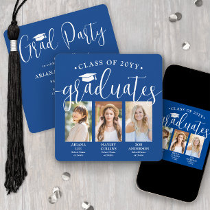 Invitation Photos de triple graduation Royal Blue Joint Party
