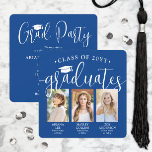 Invitation Photos de triple graduation Royal Blue Joint Party