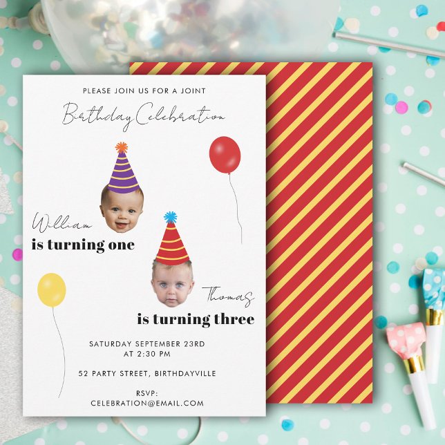 Invitation Photos de visages drôles Fête d'anniversaire conjo (Funny Face Photos Kids Joint Birthday Party Invitation)