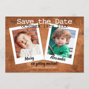 Invitation Photos d'enfance Boho Enregistrez la date Bois vin