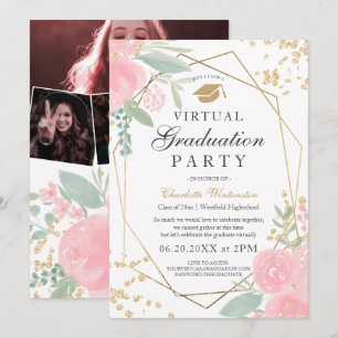 Invitation Photos d'images d'or rose floral virtuel Graduatio