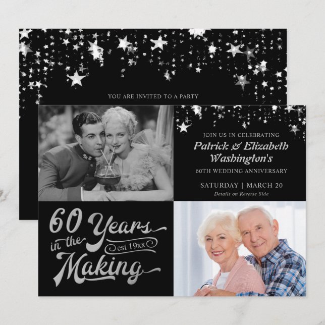 Invitation Photos du 60e anniversaire Alors & Maintenant Noir (Devant / Derrière)