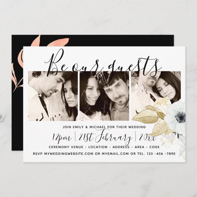 Invitation Photos en acier bleu x 3 Mariage manuscrit moderne (Devant / Derrière)