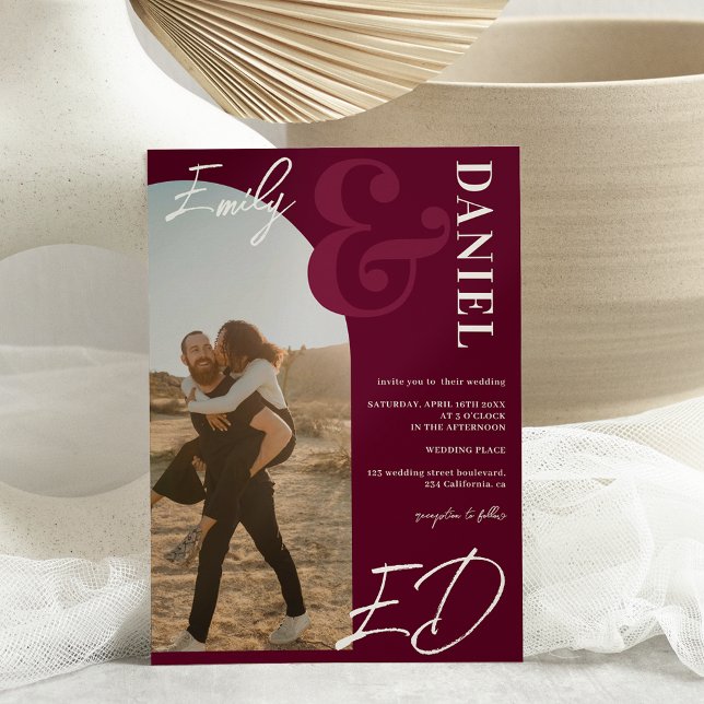 Invitation Photos en gras noms script arche bordeaux mariage (Créateur téléchargé)