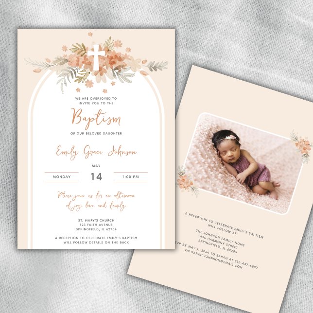 Invitation Photos Floral Watercolor Cross Peach Baptiser (Créateur téléchargé)