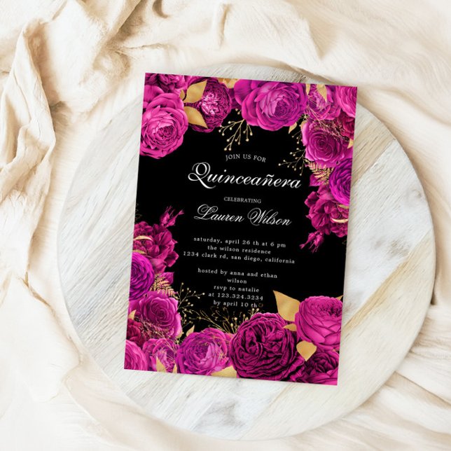 Invitation Photos florales exclusives Hot Pink Quinceanera (Créateur téléchargé)