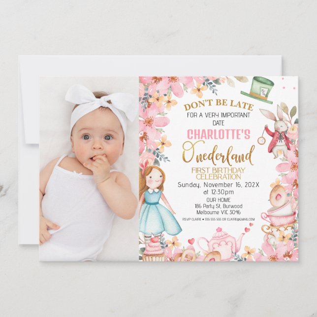Invitation Photos Florales roses Alice Onederland 1er anniver (Devant)