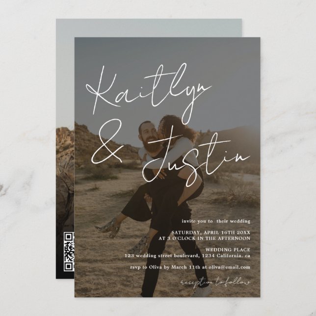 Invitation Photos nom script calligraphie noir mariage (Devant / Derrière)