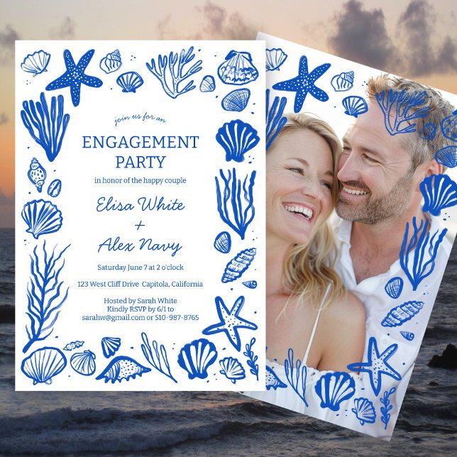 Invitation Photos personnalisées du cadre de plage Fiançaille (Seashells Frame Engagement Beach CUSTOM PHOTO Invitation
)