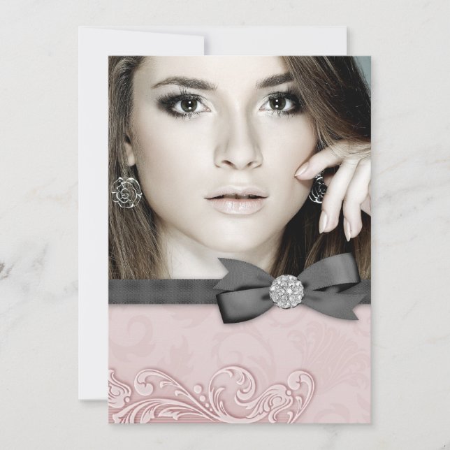 Invitation Photos Pink Black Damask Annonces de graduation (Devant)
