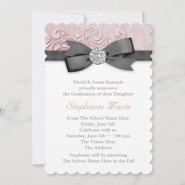 Invitation Photos Pink Black Damask Annonces de graduation (Dos)
