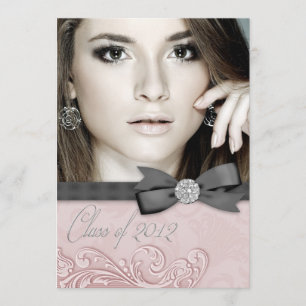 Invitation Photos Pink Black Damask Annonces de graduation