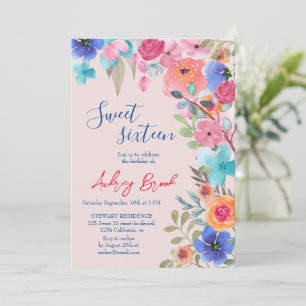 Invitation Photos rose d'aquarelle fleurie d'été Sweet 16