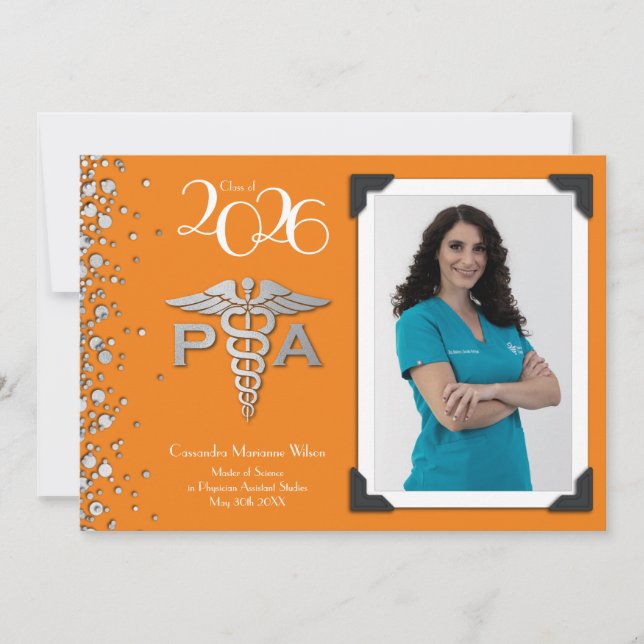 Invitation Physician Assistant PA Graduation Orange Silver (Devant)
