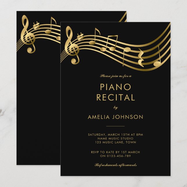 Invitation Piano Considérant Gold Music Notes Élégant (Devant / Derrière)