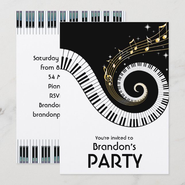 Invitation Piano Keys et Gold Music Notes Party (Devant / Derrière)