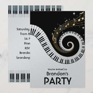 Invitation Piano Keys et Gold Music Notes Party