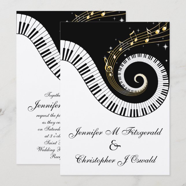 Invitation Piano Keys et Golden Musical Notes Mariage (Devant / Derrière)