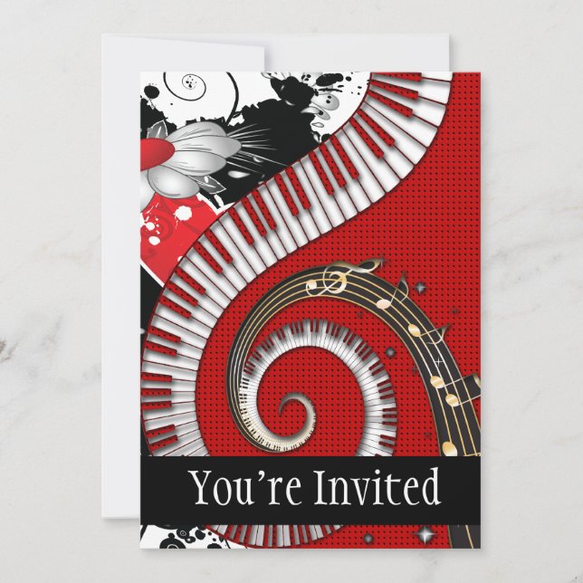 Invitation Piano Keys Music Notes Grunge Floral (Devant)