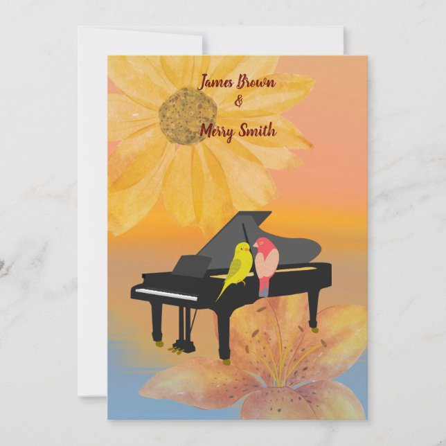 Invitation Piano Parrots Dreamflower Sunset Mariage (Devant)