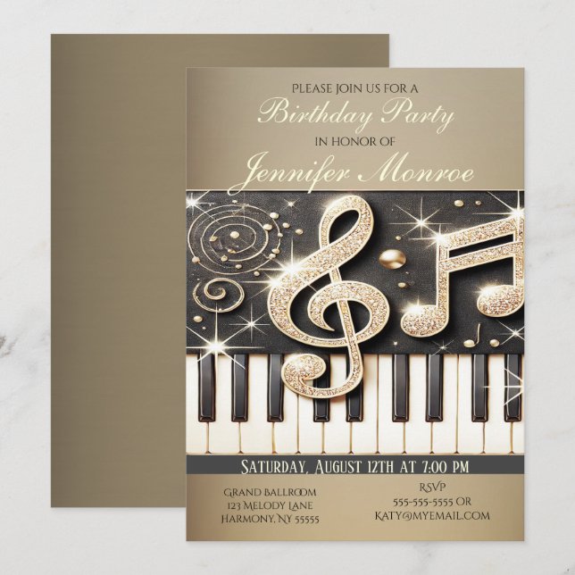 Invitation Piano Parties scintillant Gold (Devant / Derrière)