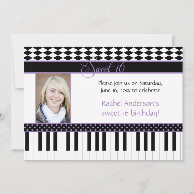 Invitation Piano violet noir thème Sweet 16 Anniversaire (Devant)