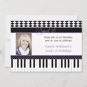 Invitation Piano violet noir thème Sweet 16 Anniversaire