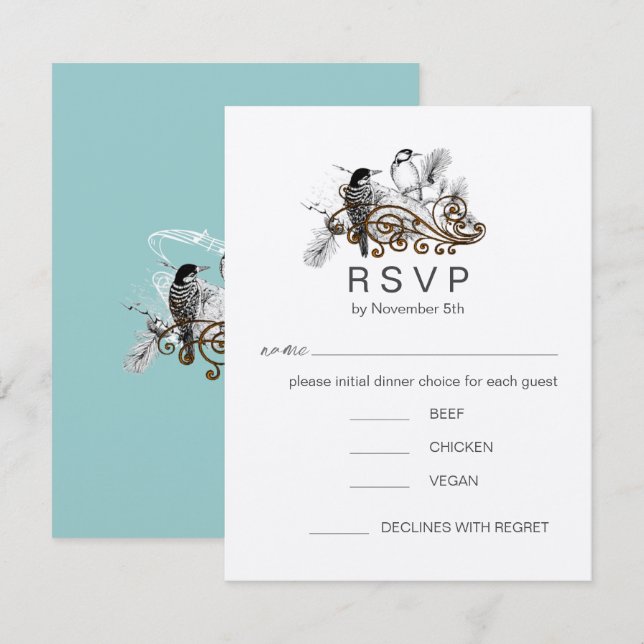 Invitation Pic bleu poussiéreux Oiseaux romantiques de l'amou (Devant / Derrière)