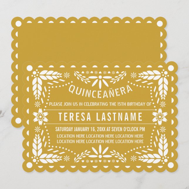 Invitation Picado de papillon blanc et or Quinceañera (Devant / Derrière)