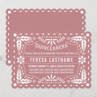 Invitation Picado rose et papillon blanc Dusty Quinceañera
