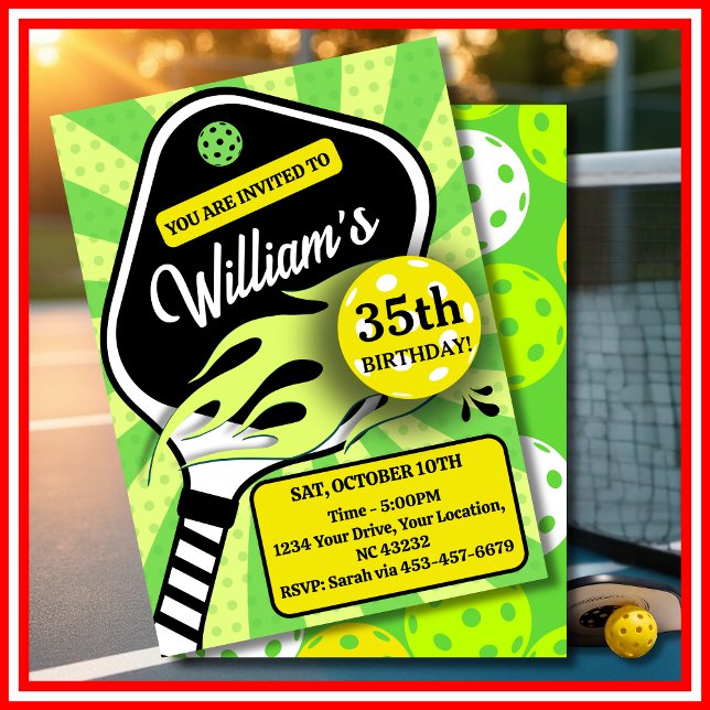 Invitation Pickleball Anniversaire RETRO Stripes Sports verts (Pickleball Birthday RETRO Stripes Green Sports Invitation)