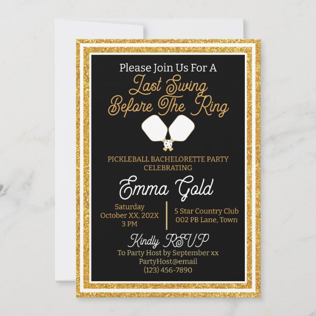 Invitation Pickleball Bachelorette Party Black & Gold Parties (Devant)