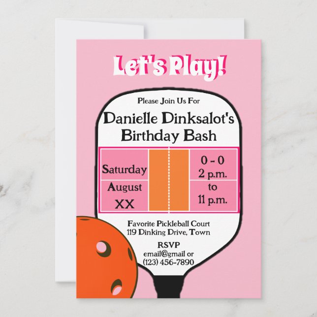 Invitation Pickleball Court Anniversaire Soirée Rose Orange P (Devant)