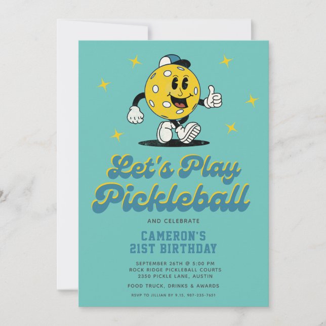 Invitation Pickleball Party Funny Pickleball Mascotte de dess (Devant)